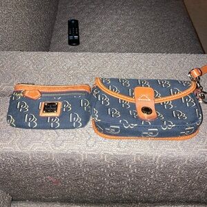 Dooney & Bourke Navy and Tan Wristlet and Matching Coin Purse Set